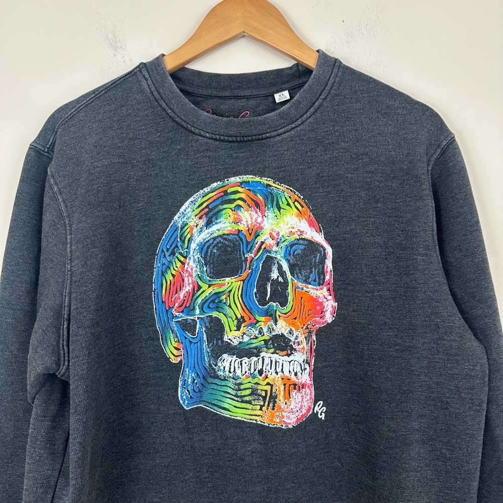 Robert Graham Sweatshirt Charcoal Gray Rainbow Skull Graphic Classic Fit Mens XL